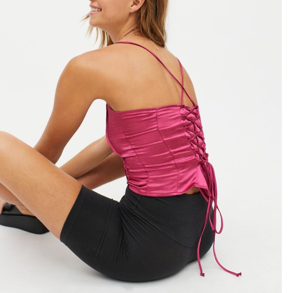 Motel Cosey Satin Crop Corset Boho Lace-Up Peasant Classy Romantic Hipster Top - Picture 3 of 5
